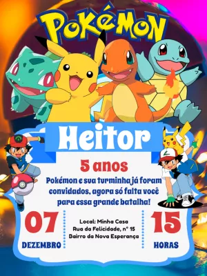 Convite de Aniversário Pokémon com Personagens para Editar Online
