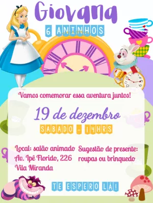 Convite Aniversário Alice no País das Maravilhas para Editar