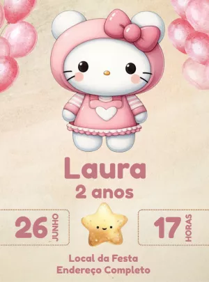 Convite de Aniversário Hello Kitty Rosa para Editar Online