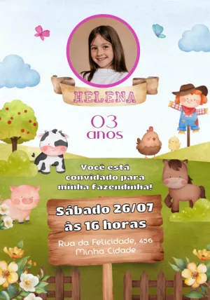 Convite Aniversário Fazendinha com Foto para Editar Online