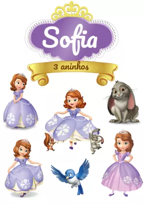 Topo de Bolo Princesa Sofia com Personagens para Editar Online