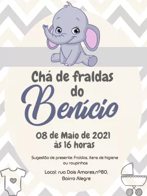 Convite Chá de Fraldas Elefantinho Cinza para Editar Online
