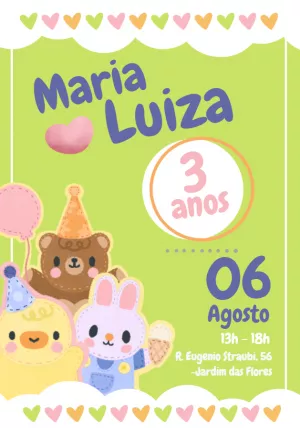 Convite Aniversário Animais Fofinhos para Editar Online