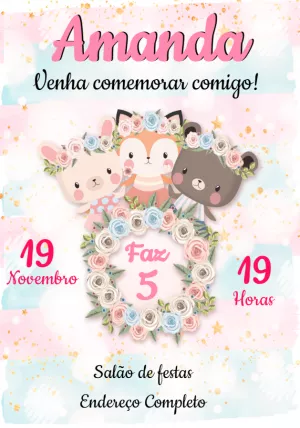 Convite Aniversário Bosque Encantado com Animais para Editar