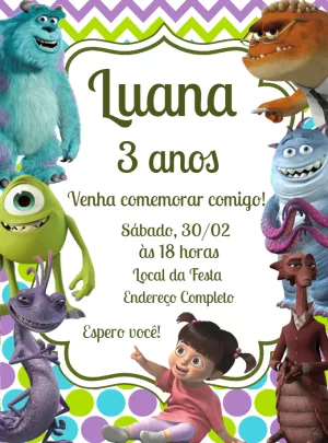 Convite Aniversário Monstros S.A. com Personagens para Editar