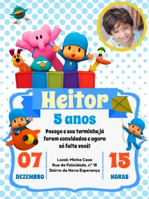Convite de Aniversário Pocoyo com Foto para Editar Online