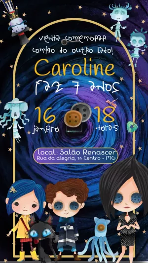 Convite de Aniversário Coraline Misterioso para Editar Online