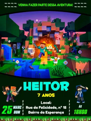 Convite de Aniversário Minecraft com Personagens para Editar Online