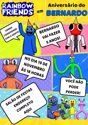 Convite de Aniversário Rainbow Friends para Editar com Personagens