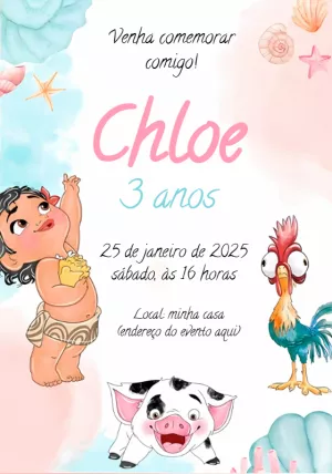 Convite Aniversário Moana Baby Aquarela para Editar Online