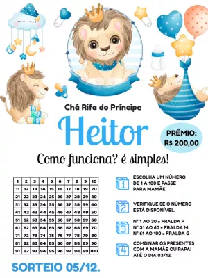 Chá Rifa Leão Príncipe: Convite Editável Online para Menino