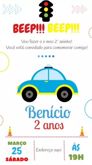 Convite de Aniversário Carrinhos para Editar e Imprimir Online