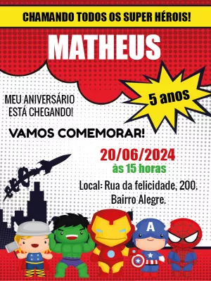 Convite Aniversário Vingadores Cute para Editar Online