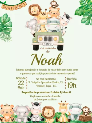 Convite Chá de Fraldas Safari com Animais para Editar Online