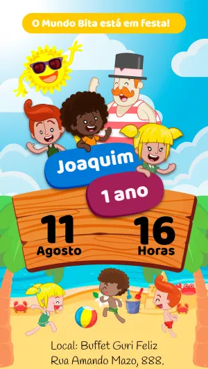 Convite Aniversário Mundo Bita Praia para Editar Online