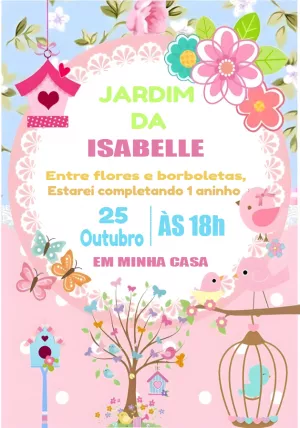 Convite Aniversário Jardim Encantado com Passarinhos para Editar