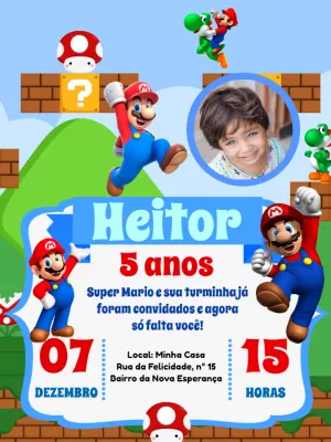 Convite Aniversário Super Mario com Foto para Editar Online