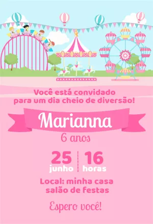 Convite Aniversário Parque de Diversões Rosa para Editar Online
