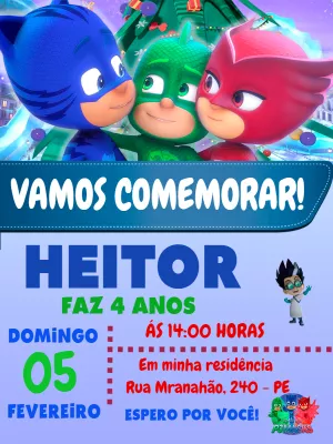 Convite de Aniversário PJ Masks com Heróis para Editar Online
