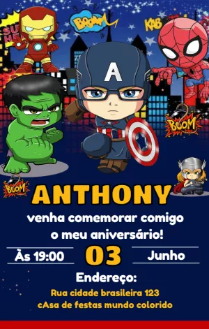 Convite Aniversário Vingadores Cute para Editar Online