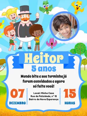 Convite Aniversário Mundo Bita com Foto para Editar Online