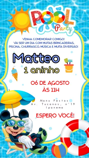 Convite Aniversário Pool Party do Mickey para Editar Online