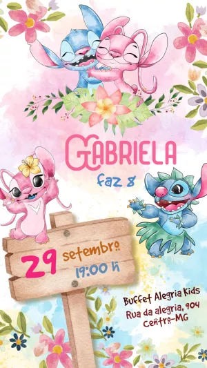 Convite Aniversário Lilo e Stitch Aquarela para Editar Online