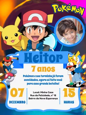 Convite Aniversário Pokémon com Foto para Editar Online
