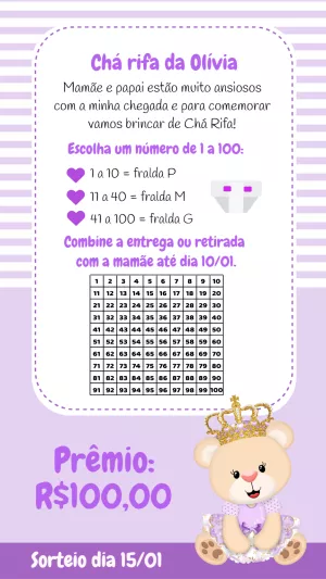 Chá Rifa Ursinha Princesa Lilás para Editar Online