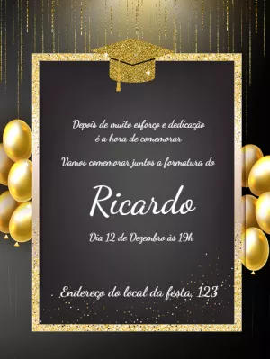 Convite de Formatura Dourado com Glitter para Editar Online
