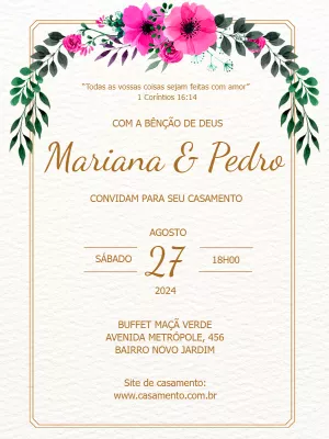 Convite de Casamento Floral com Flores Rosa para Editar Online