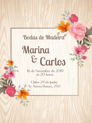 Convite Bodas de Madeira Floral Rústico para Editar Online