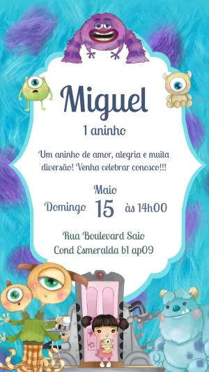 Convite de Aniversário Monstros S.A. Aquarela para Editar