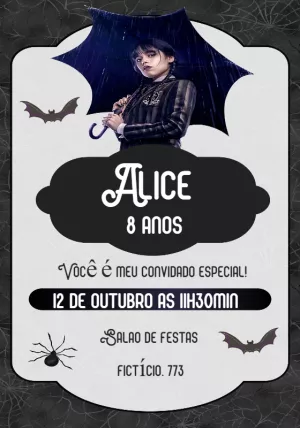 Convite Aniversário Wandinha Addams para Editar Online