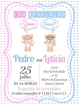 Convite Chá Revelação Ursinhos Aviadores para Editar Online