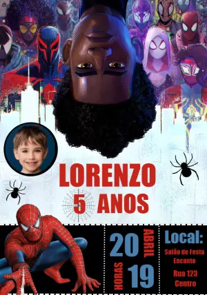 Convite Aniversário Homem Aranha Miles com Foto para Editar