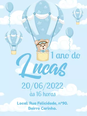 Convite Aniversário Ursinho Baloeiro para Editar Online