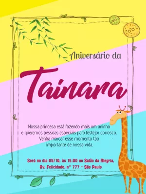 Convite Aniversário Girafinha Colorido para Editar Online