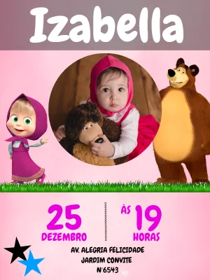 Convite Aniversário Masha e o Urso com Foto para Editar Online