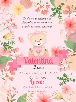 Convite Aniversário Ursinha Princesa Floral para Editar Online