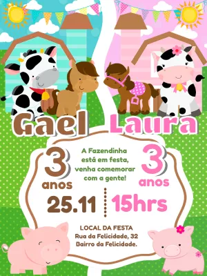 Convite Aniversário Duplo Fazendinha Azul e Rosa para Editar