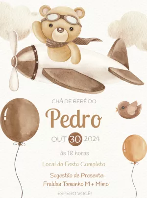 Convite Chá de Bebê Ursinho Aviador para Editar Online