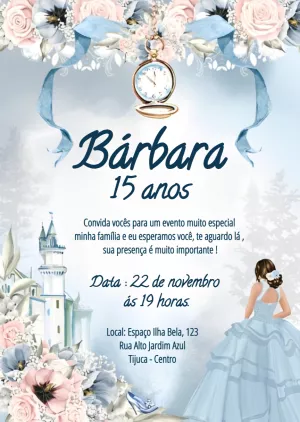 Convite de 15 Anos Tema Princesa Azul para Editar Online