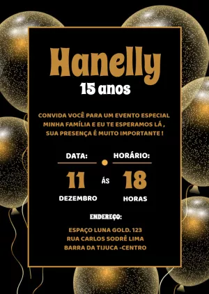 Convite de 15 Anos Dourado e Preto para Editar Online