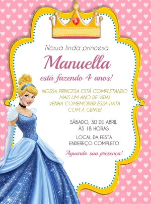 Convite Aniversário Cinderela Princesa para Editar Online
