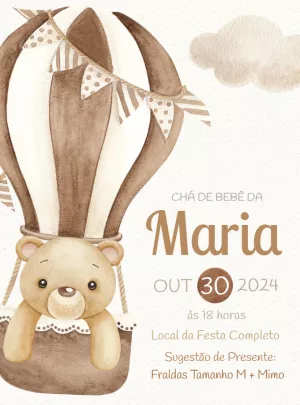 Convite Chá de Bebê Ursinho Baloeiro para Editar Online