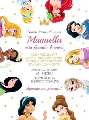 Convite de Aniversário Princesas Disney para Editar Online