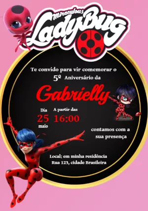 Convite de Aniversário Ladybug Miraculous em Ação para Editar