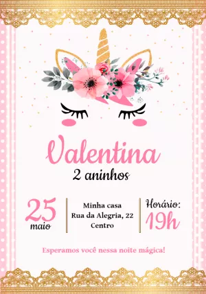 Convite de Aniversário Unicórnio Floral para Editar Online