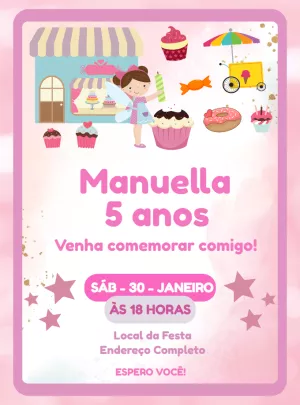 Convite de Aniversário Doceria Encantada para Editar Online